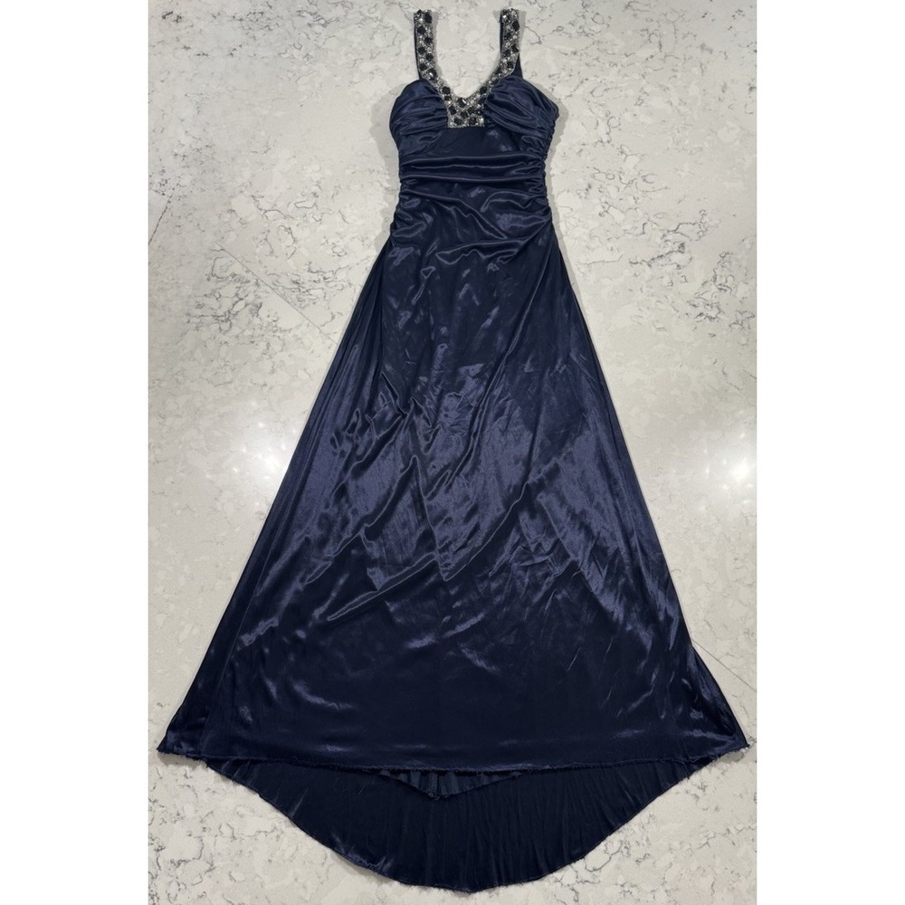 City Triangles Formal Dress Gown Womens Small Navy Blue Satin Beaded Prom